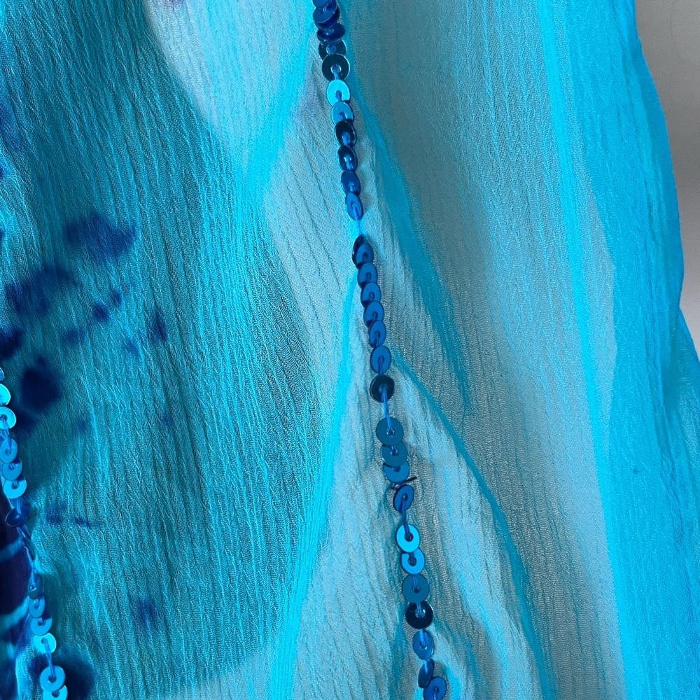 Bebe Blue Fringe Scarf with sequins. 55” length - Picture 3 of 3